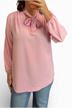 Blouse met strik in de hals Doris uni licht roze