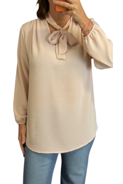 Blouse met strik in de hals Doris uni beige