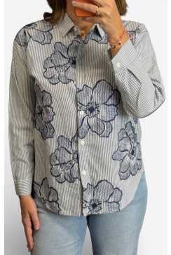 Blouse met strepen en bloem borduursel donkerblauw