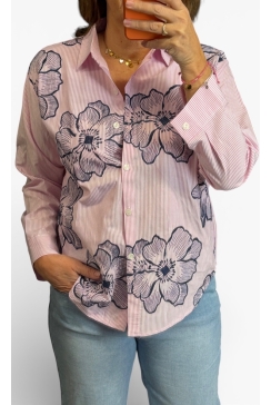Blouse met strepen en bloem borduursel roze