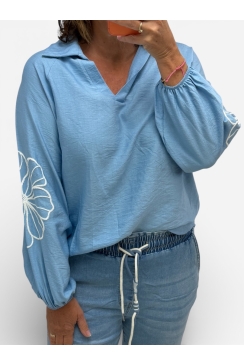 Blouse met kraag en borduursel Anthea blauw