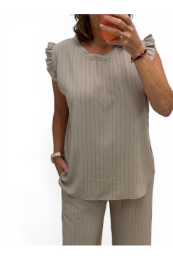 Top met kleine ruffle aan de mouw en STREPEN Lucy taupe