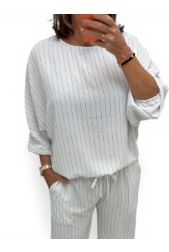 Blouse met vleermuis mouw en strepen Pleun off-white