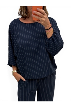 Blouse met vleermuis mouw en strepen Pleun donker blauw