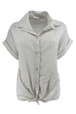 Gestreepte blouse met knoop aan de onderzijde stripey beige.SALE