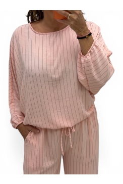 Blouse met vleermuis mouw en strepen Pleun zalm