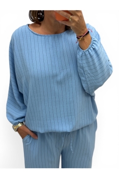 Blouse met vleermuis mouw en strepen Pleun licht blauw