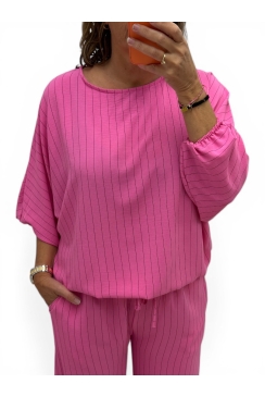 Blouse met vleermuis mouw en strepen Pleun fuchsia