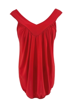 Top van travelstof met ELASTIEK en brede v-hals boord Astrid rood. CASD