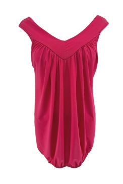 Top van travelstof met ELASTIEK en brede v-hals boord Astrid fuchsia (CASD)