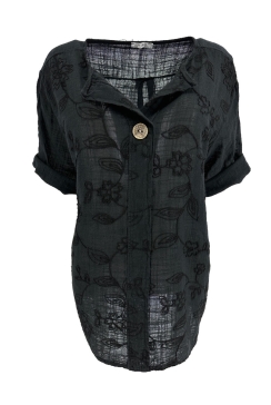Blouse van linnen-look met knoop en bloemen Flora zwart