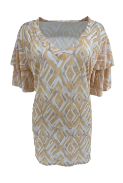 Travelstof shirt met v-hals en volant ruffle mouw Charlie geruit geel.CRS SALE