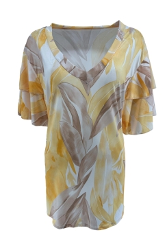 Travelstof shirt met v-hals en volant ruffle mouw Charlie Leaf geel.CRS SALE
