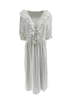 Lange jurk met ruffle langs de hals Barbara off-white.  SALE