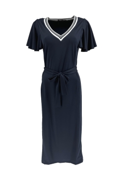 Lange travelstof jurk met V-hals bies en volant mouw Esmee donker blauw. jtsb. SALE