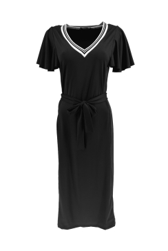 Lange travelstof jurk met V-hals bies en volant mouw Esmee zwart. jtsb
