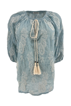 Blouse met flosjes en print Rosella blauw (SALE)