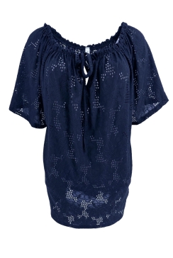 Blouse met broderie en elastieke hals Doortje donker blauw