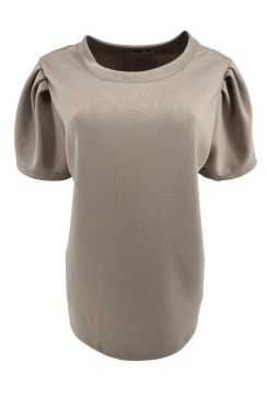 Shirt van gladde stof met pofmouw Ankie taupe.swd)