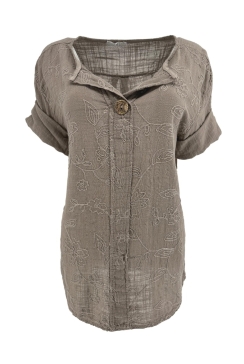 Blouse van linnen-look met knoop en bloemen Flora taupe