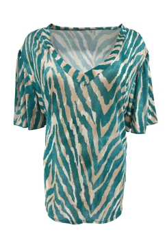 Travelstof shirt met v-hals Charlotte zebra print turquoise.CRS