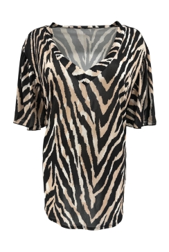 Travelstof shirt met v-hals Charlotte zebra print zwart.CRS