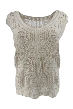 Opengewerkte mouwloze top Pine beige