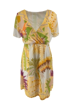 Voile jurk met elastieke taille en korte mouw Hawaii geel