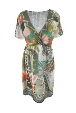 Voile jurk met elastieke taille en korte mouw Hawaii groen