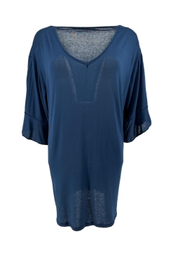 Tricot shirt met v-hals en ruffle mouw donker blauw