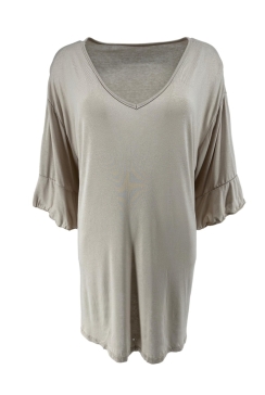 Tricot shirt met v-hals en ruffle mouw beige