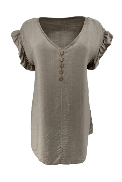 Top met kleine ruffle aan de mouw en knopen Luus taupe