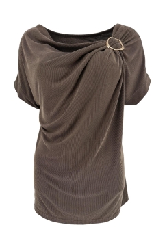 Blouse met geplooide hals en gesp bij de borst bruin (SALE)