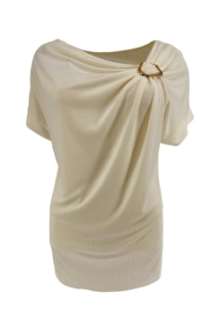 SIZE PLUS blouse met geplooide hals en gesp bij de borst beige