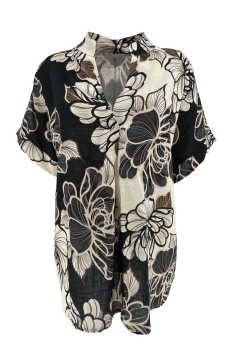 Blouse met opstaande kraag en print pioenroos zwart