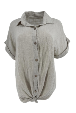 Blouse van linnen-look met knoop aan de onderzijde Ansje beige