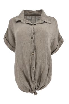 Blouse van linnen-look met knoop aan de onderzijde Ansje taupe