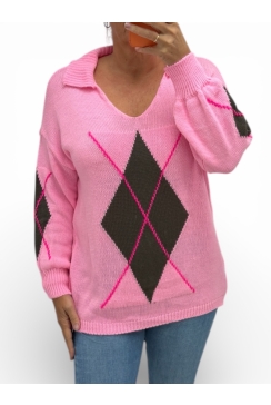 Trui met kraag en fel roze geruit detail Jessie roze